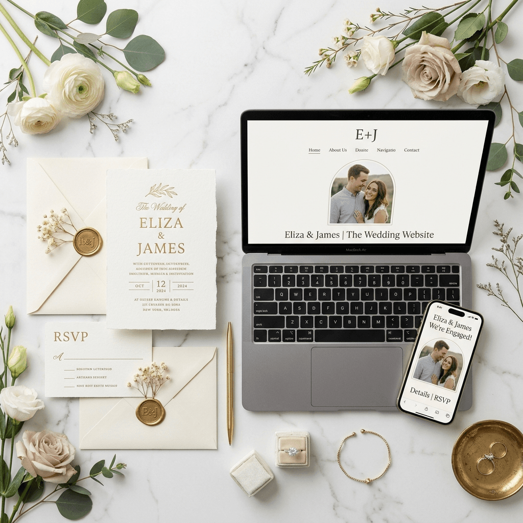 Luxury wedding invitation and digital experience flatlay